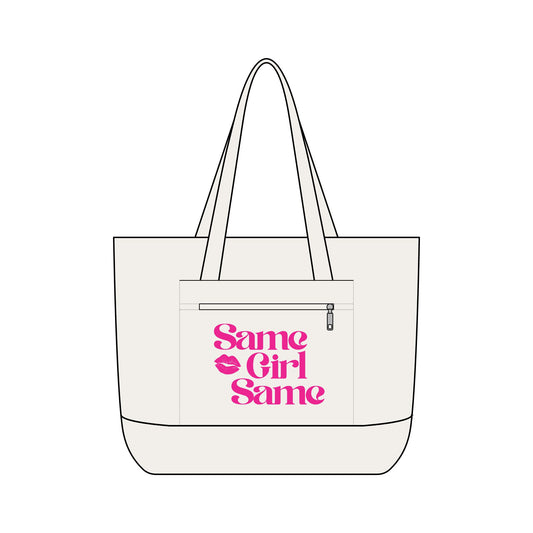 Canvas Tote — "Same Girl Same" Pink Lip Graphic Zippered Tote