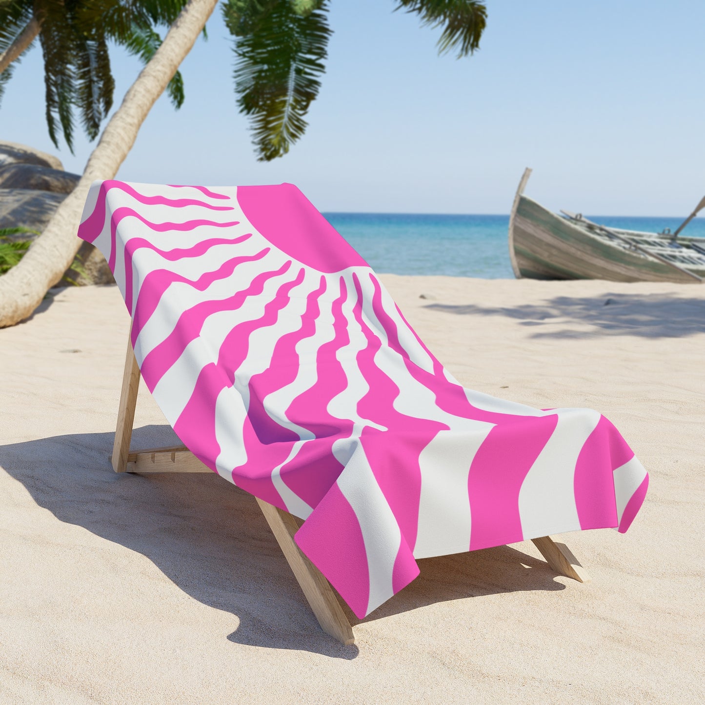 Pink Wavy Sun Beach Towel — Retro Summer Stripe Beach Towel
