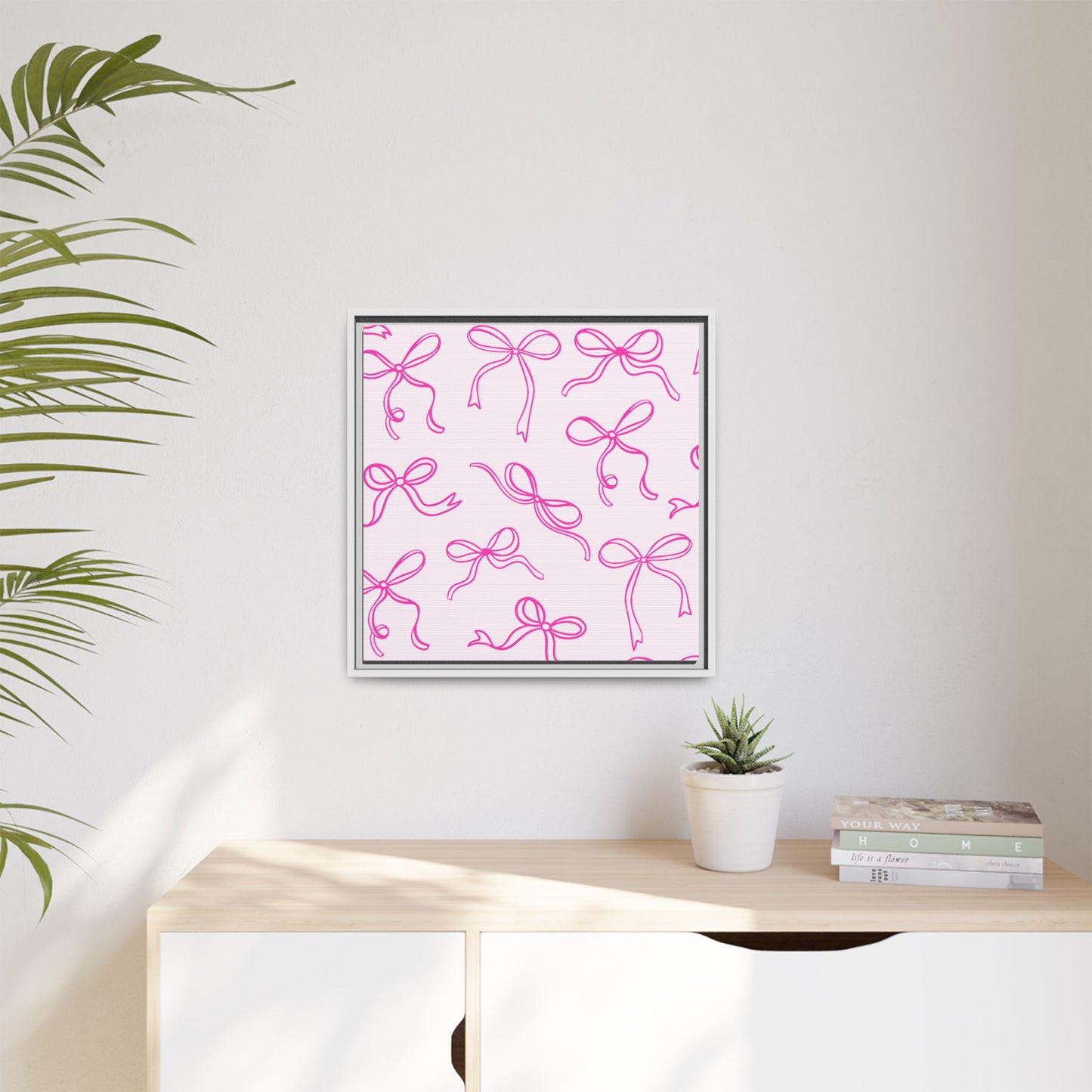 Framed Pink Bow Pattern Matte Canvas — Bathroom/Bedroom Wall Art