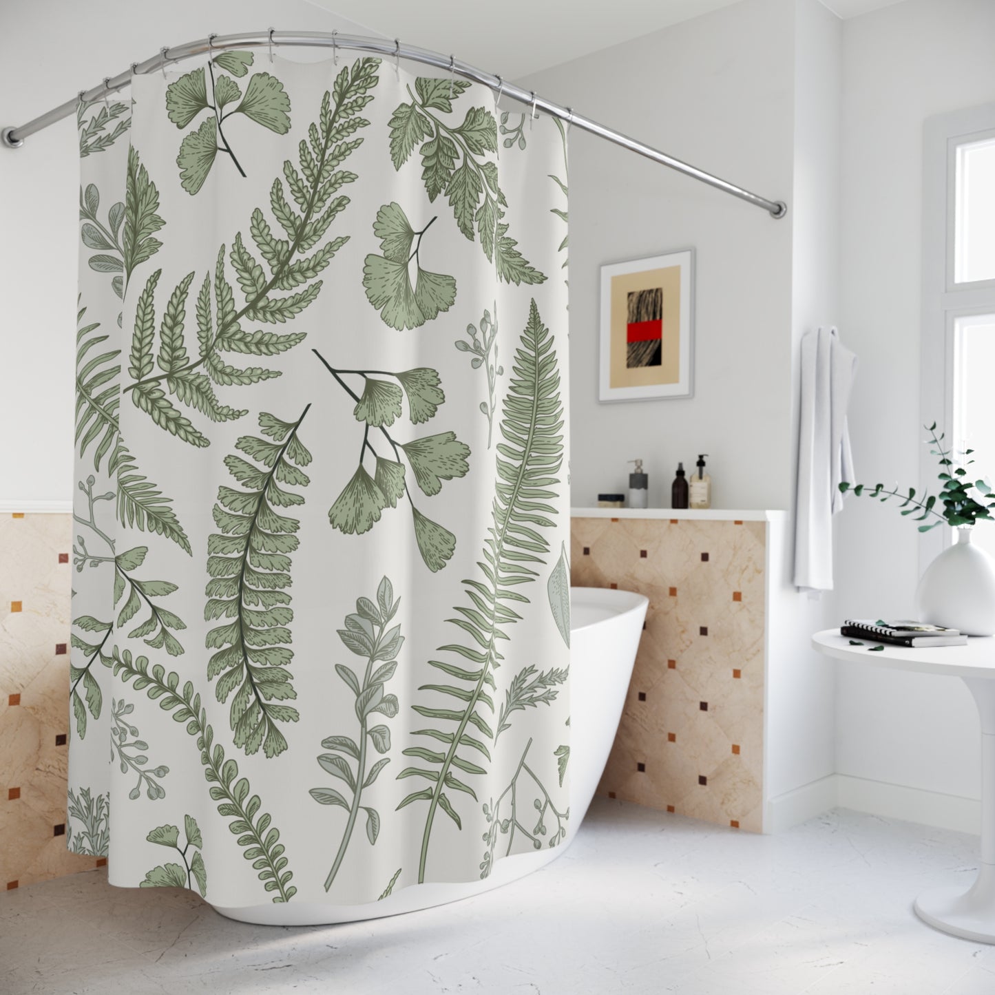 Green Fern and Ginkgo Leaf Pattern Shower Curtain | Botanical Bathroom Decor