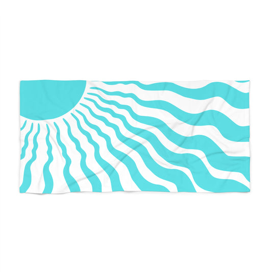 Turquoise Sunwave Beach Towel - Retro Wavy Summer Sun Design
