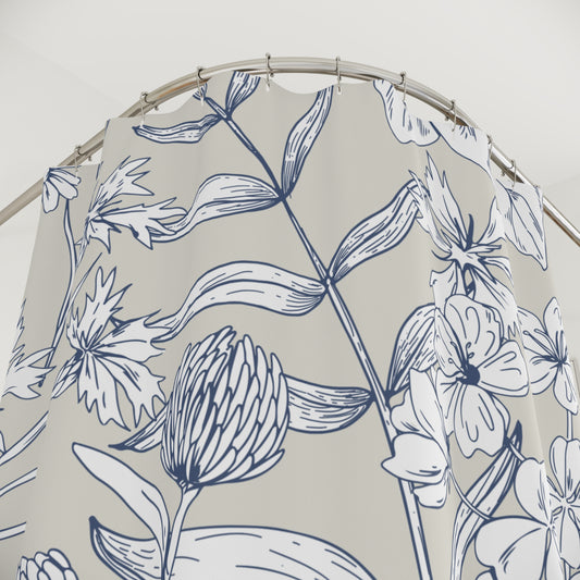 Blue Botanical Floral Shower Curtain | Hand-Drawn Wildflower Pattern