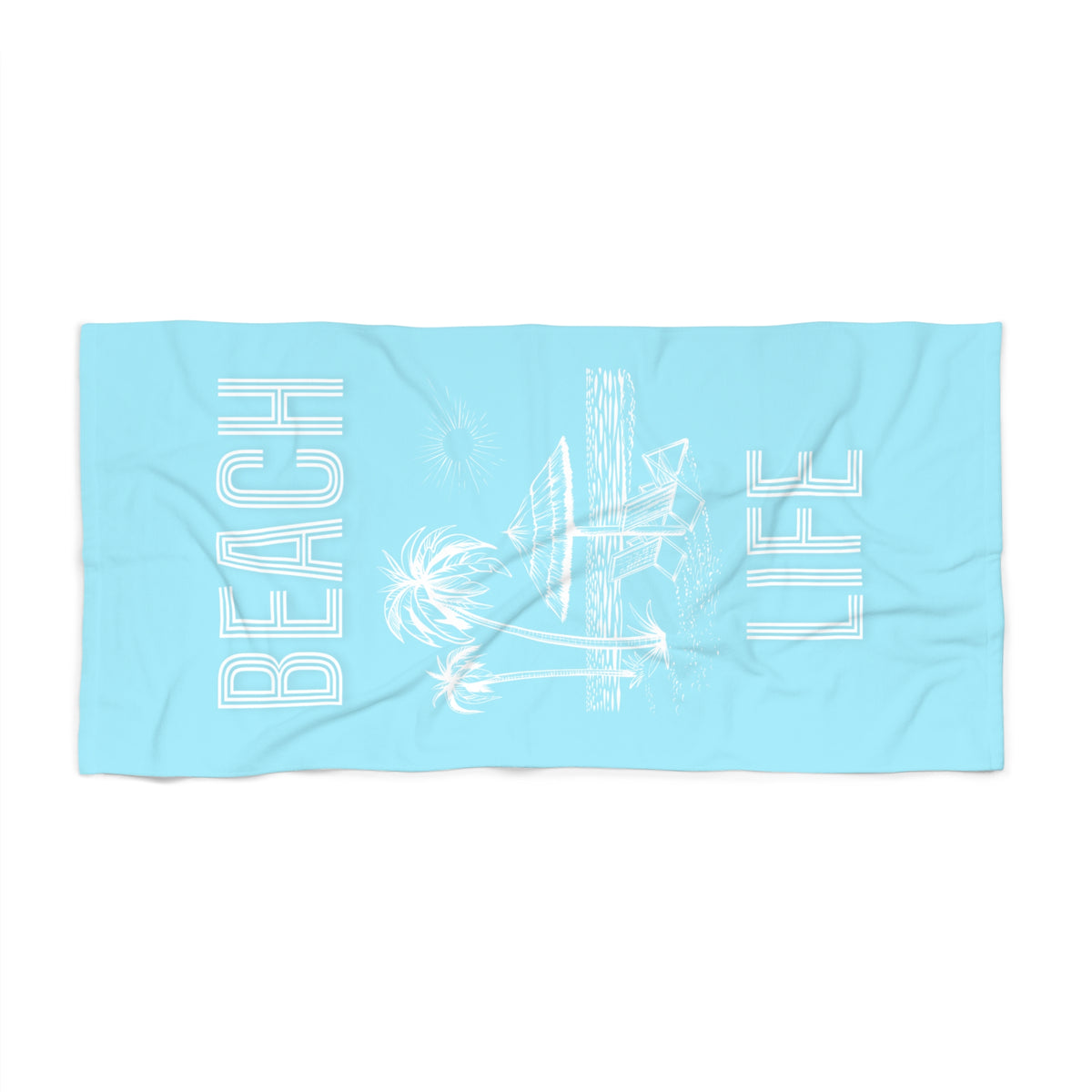 Beach Towel — "Beach Life" Sky Blue Palm & Surf Graphic