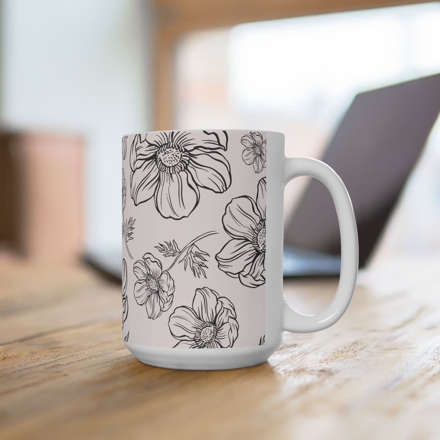 Floral "Calm" Ceramic Mug, Two sizes (11oz, 15oz), pale pink, coffee and tea cup