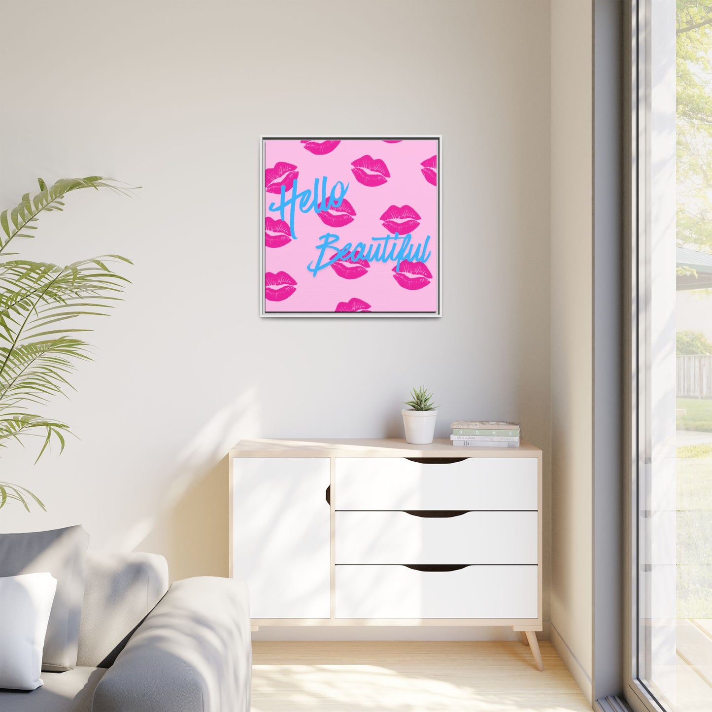 Hello Beautiful Framed Canvas Print — Pink Lipstick Pop Art Wall Decor