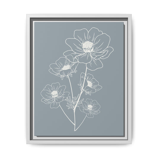 Framed Floral Line Art Matte Canvas Print Gray Azure - Vertical layout