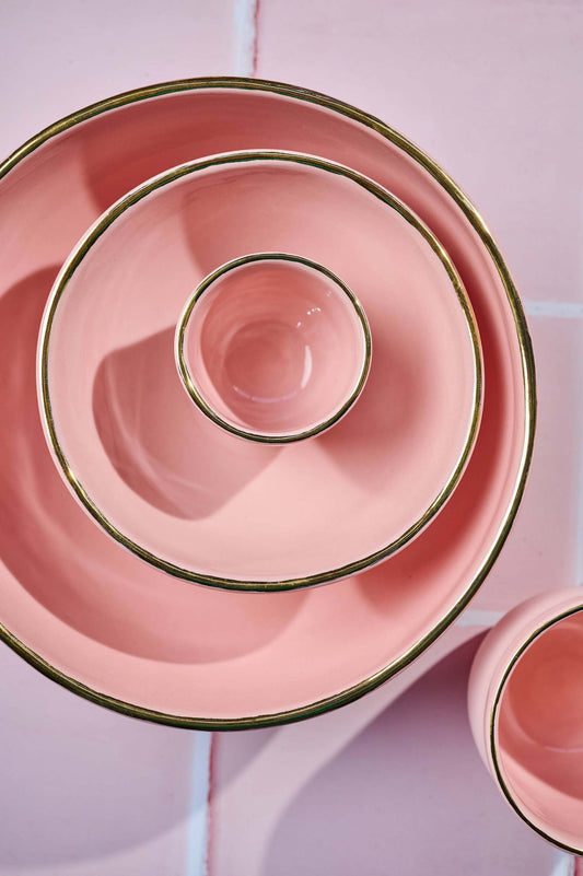 Handmade Porcelain Pink Salad Bowl with Gold Rim
