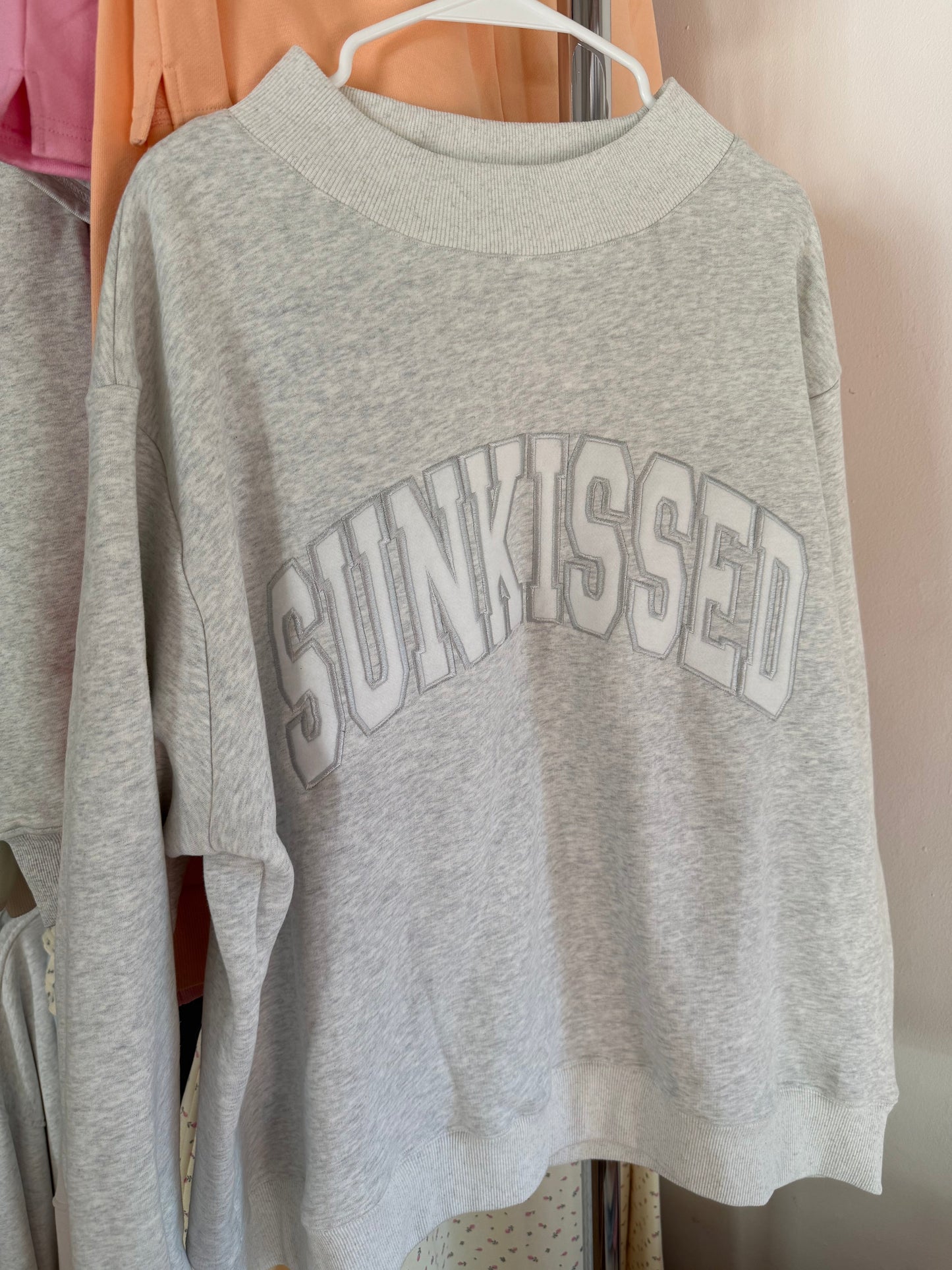 Pearl Grey Varsity Sunkissed Embroidered Mockneck Sweatshirt 100% Cotton