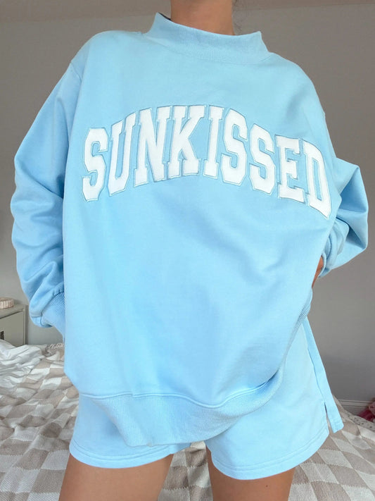 Berry Blue Varsity Sunkissed Embroidered Mockneck Sweatshirt 100% Cotton