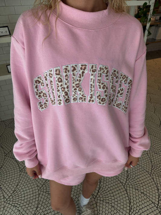 Bubblegum Pink Cheetah Print Varsity Sunkissed Embroidered Mockneck Sweatshirt 100% Cotton