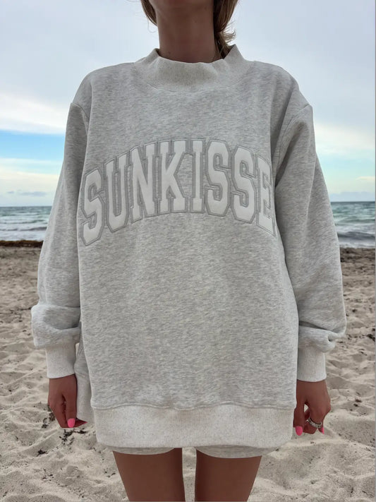 Pearl Grey Varsity Sunkissed Embroidered Mockneck Sweatshirt 100% Cotton