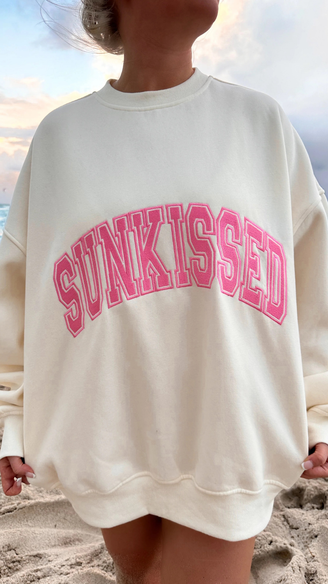 Ivory and Hibiscus Pink Varsity Embroider Sweatshirt