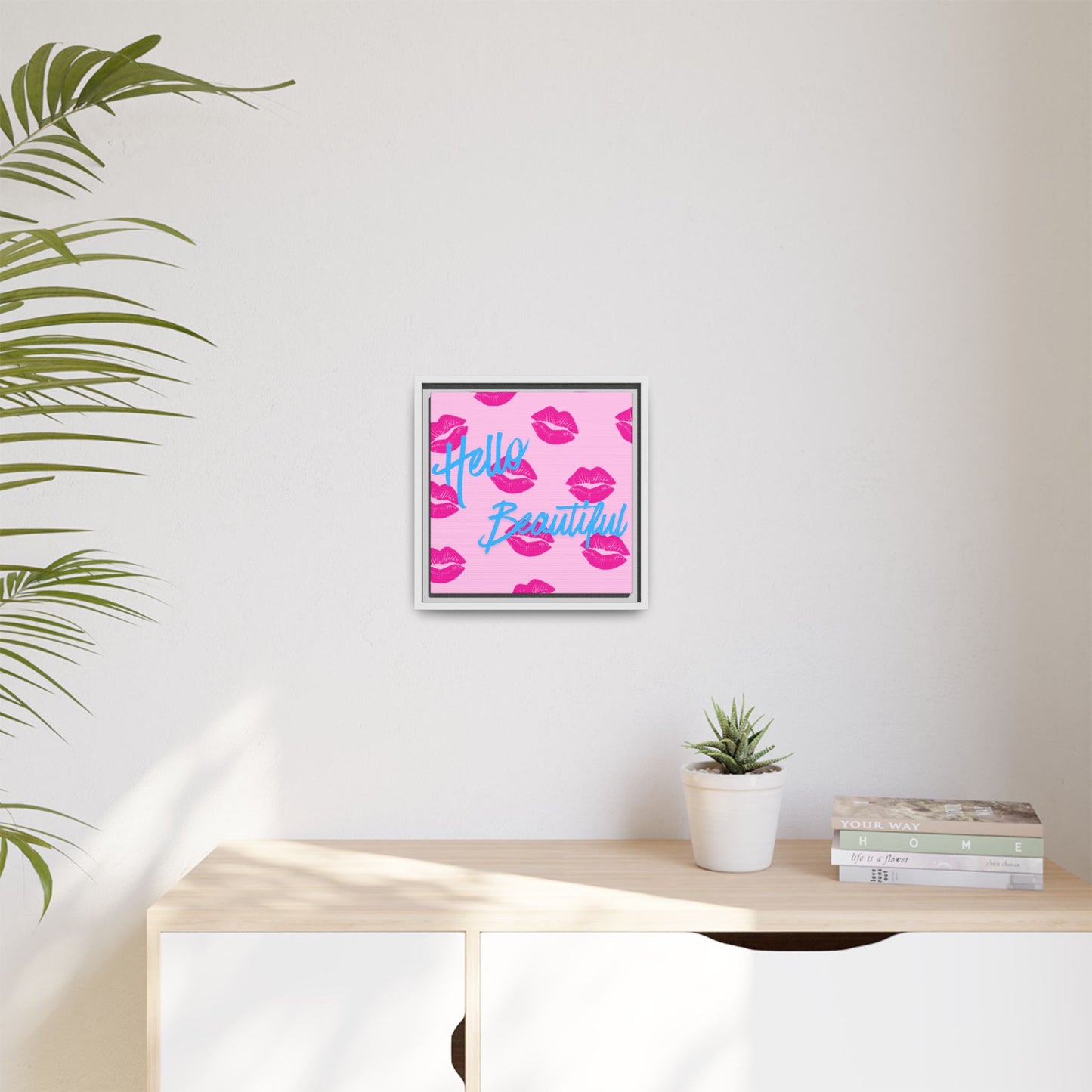 Hello Beautiful Framed Canvas Print — Pink Lipstick Pop Art Wall Decor