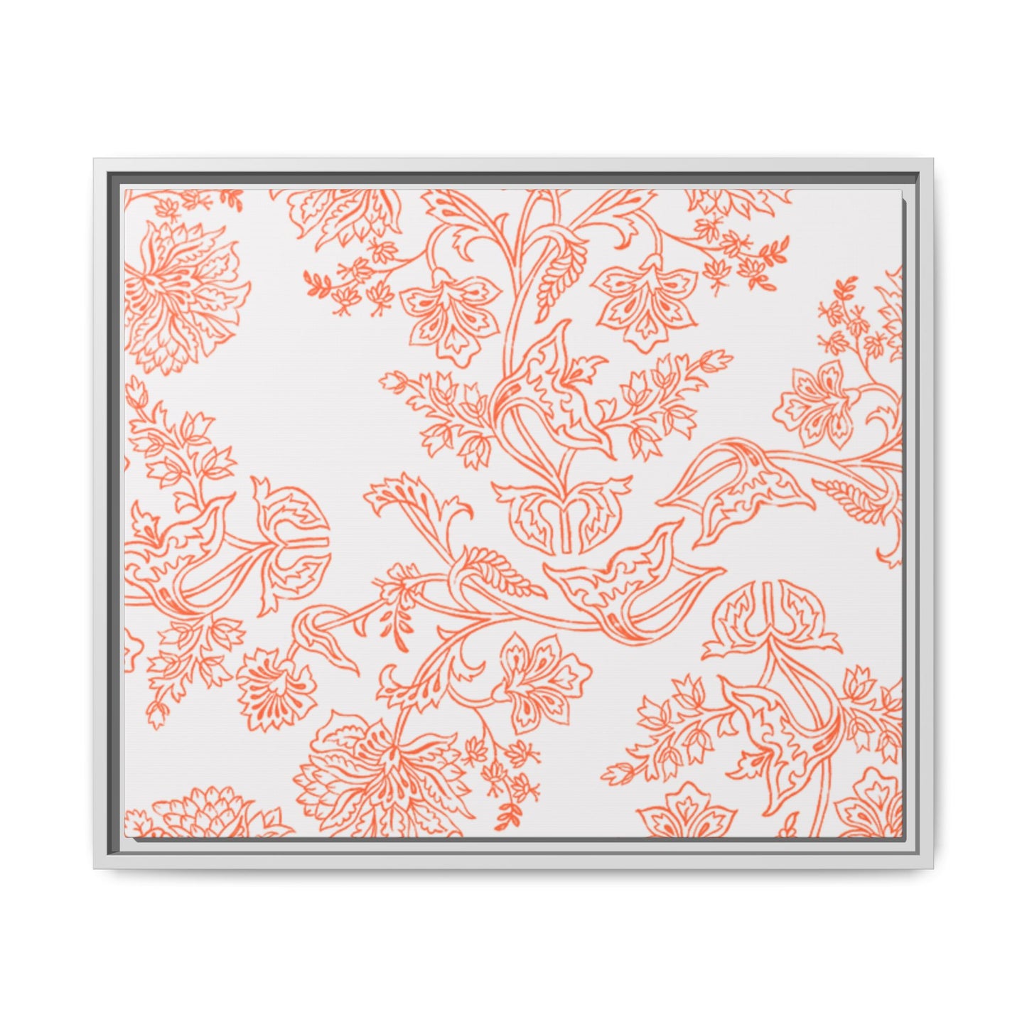 Orange Floral Matte Canvas, White Wooden Framed, Bathroom Decor, Matching Shower Curtain Available, Coral/orange