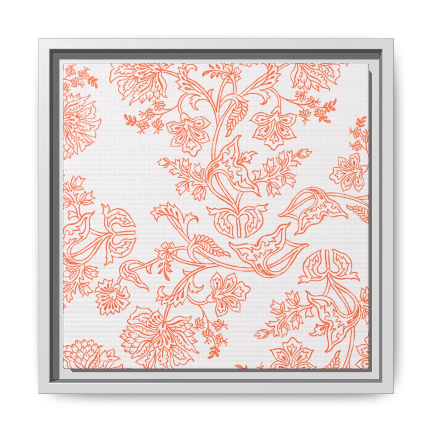 Orange Floral Matte Canvas, White Wooden Framed, Bathroom Decor, Matching Shower Curtain Available, Coral/orange