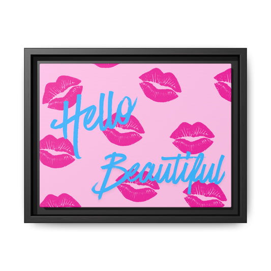 Hello Beautiful Framed Canvas Print — Pink Lipstick Pop Art Wall Decor