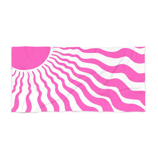 Pink Wavy Sun Beach Towel — Retro Summer Stripe Beach Towel