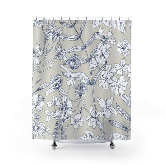Blue Botanical Floral Shower Curtain | Hand-Drawn Wildflower Pattern