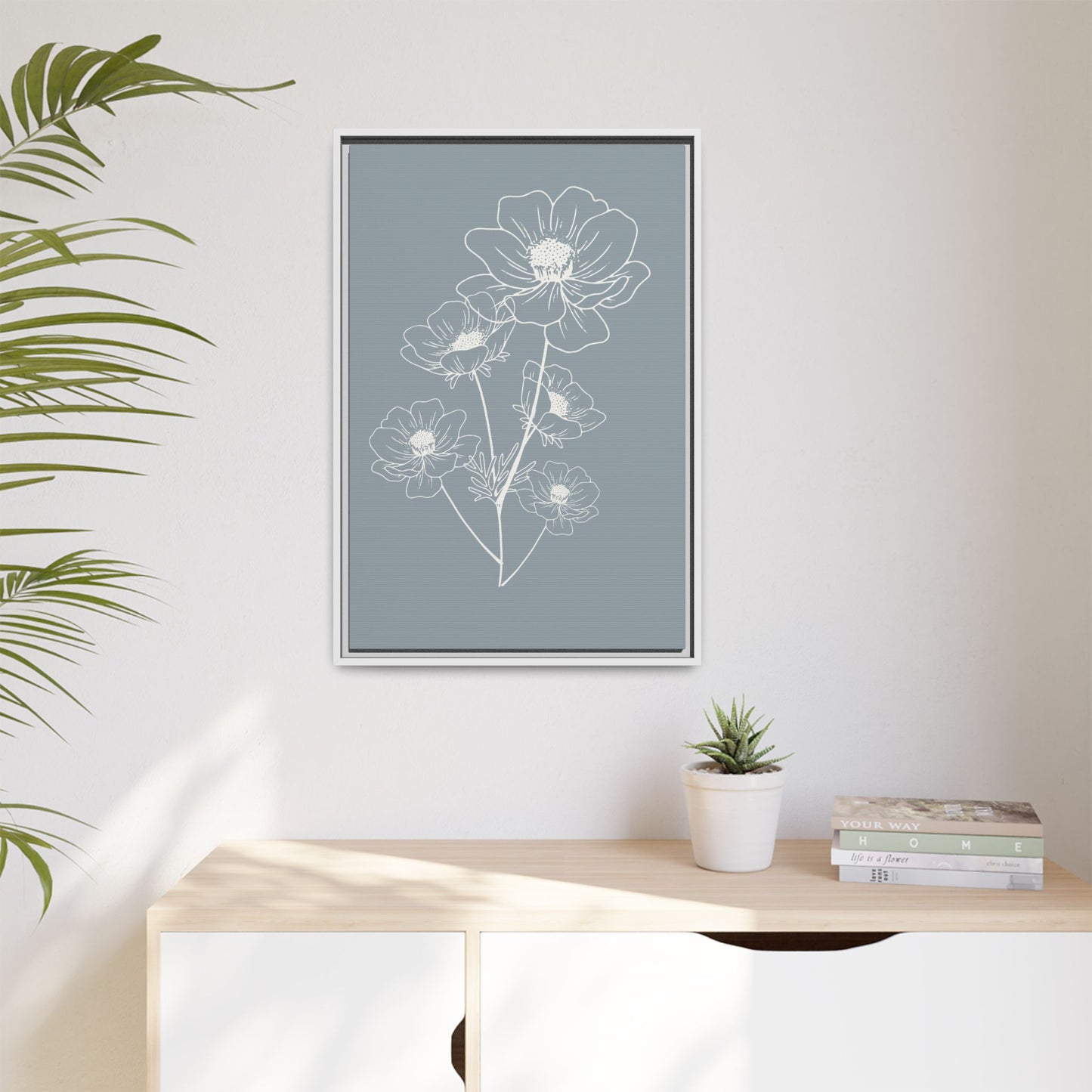 Framed Floral Line Art Matte Canvas Print Gray Azure - Vertical layout