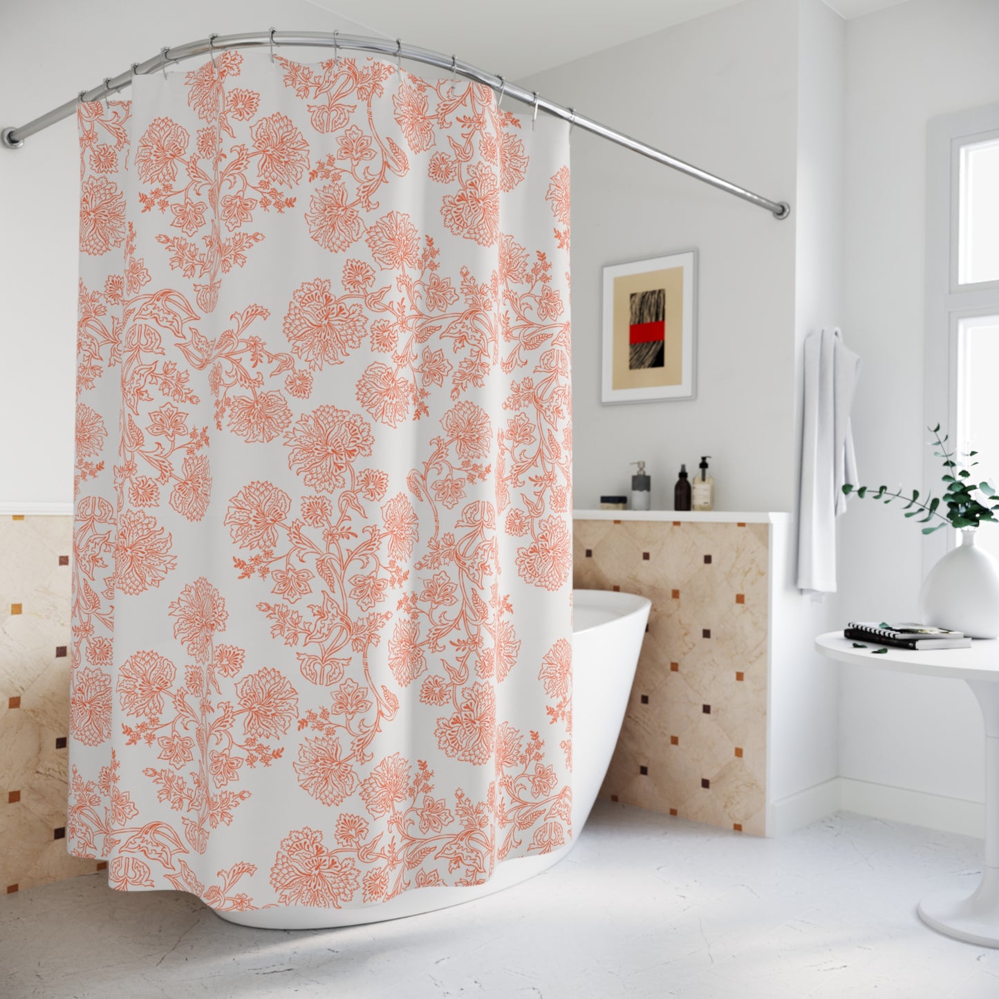 Orange Floral Shower Curtain |Elegant meets Boho Bathroom Decor
