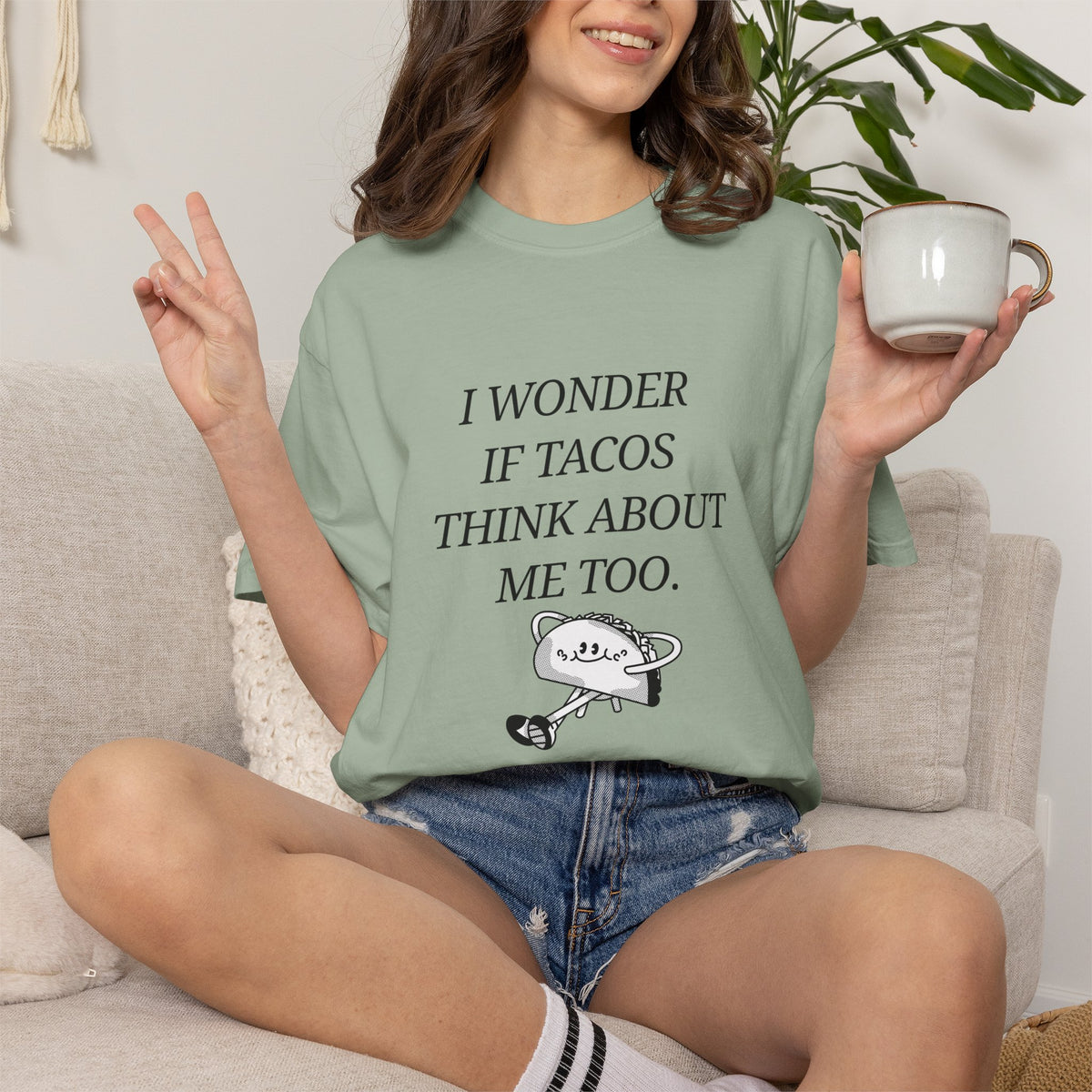 "I Wonder If Tacos Think About Me Too" Funny Taco Graphic Tee