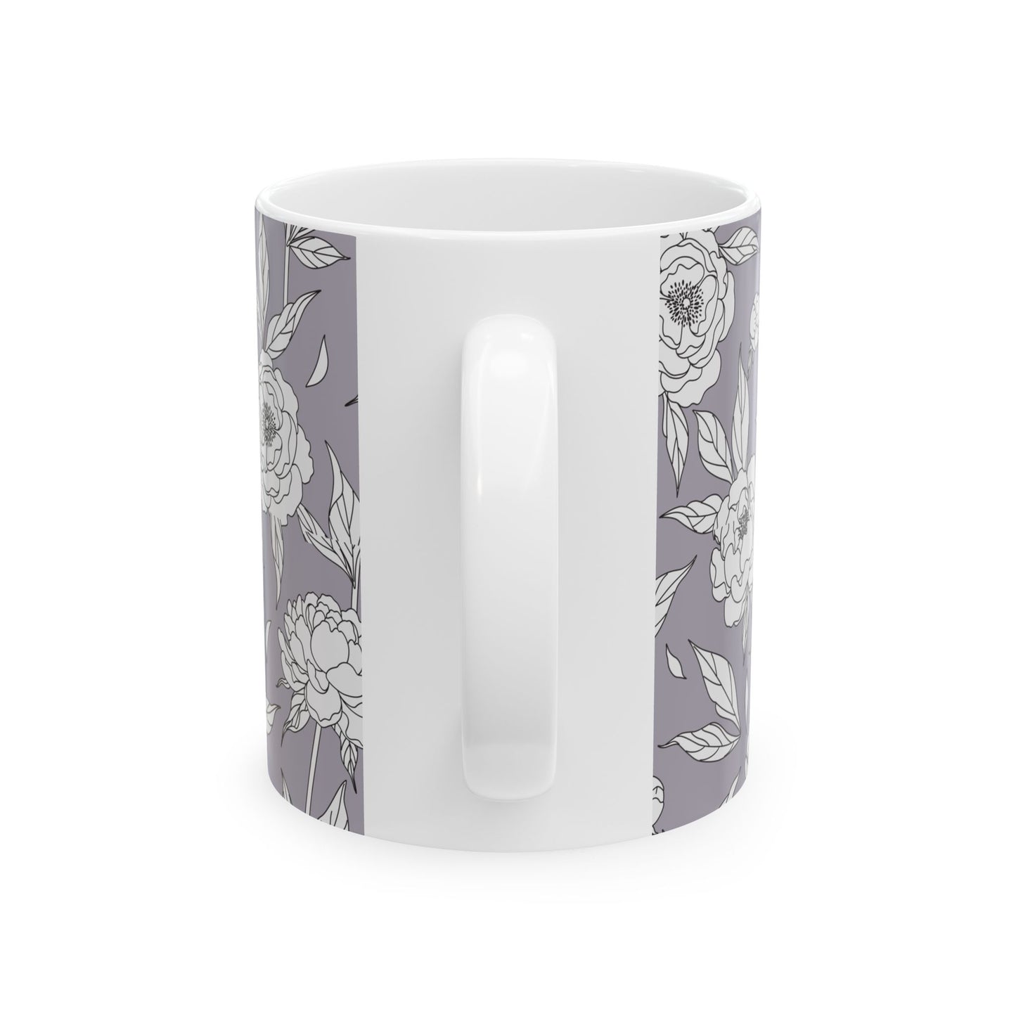 White Peony Lavender Gray Floral Pattern Mug | Ceramic Coffee Tea Mug 11oz 15oz