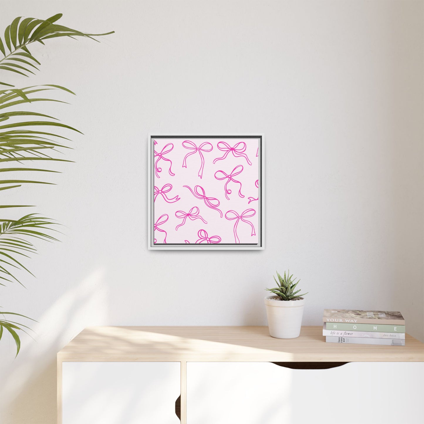 Framed Pink Bow Pattern Matte Canvas — Bathroom/Bedroom Wall Art