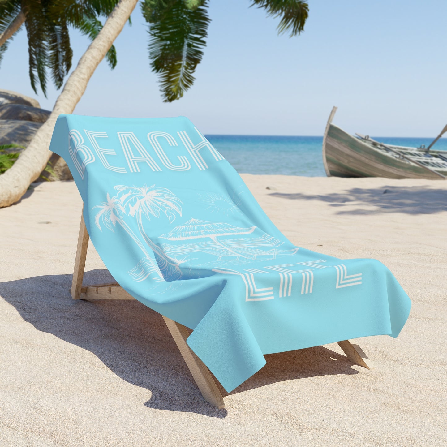 Beach Towel — "Beach Life" Sky Blue Palm & Surf Graphic