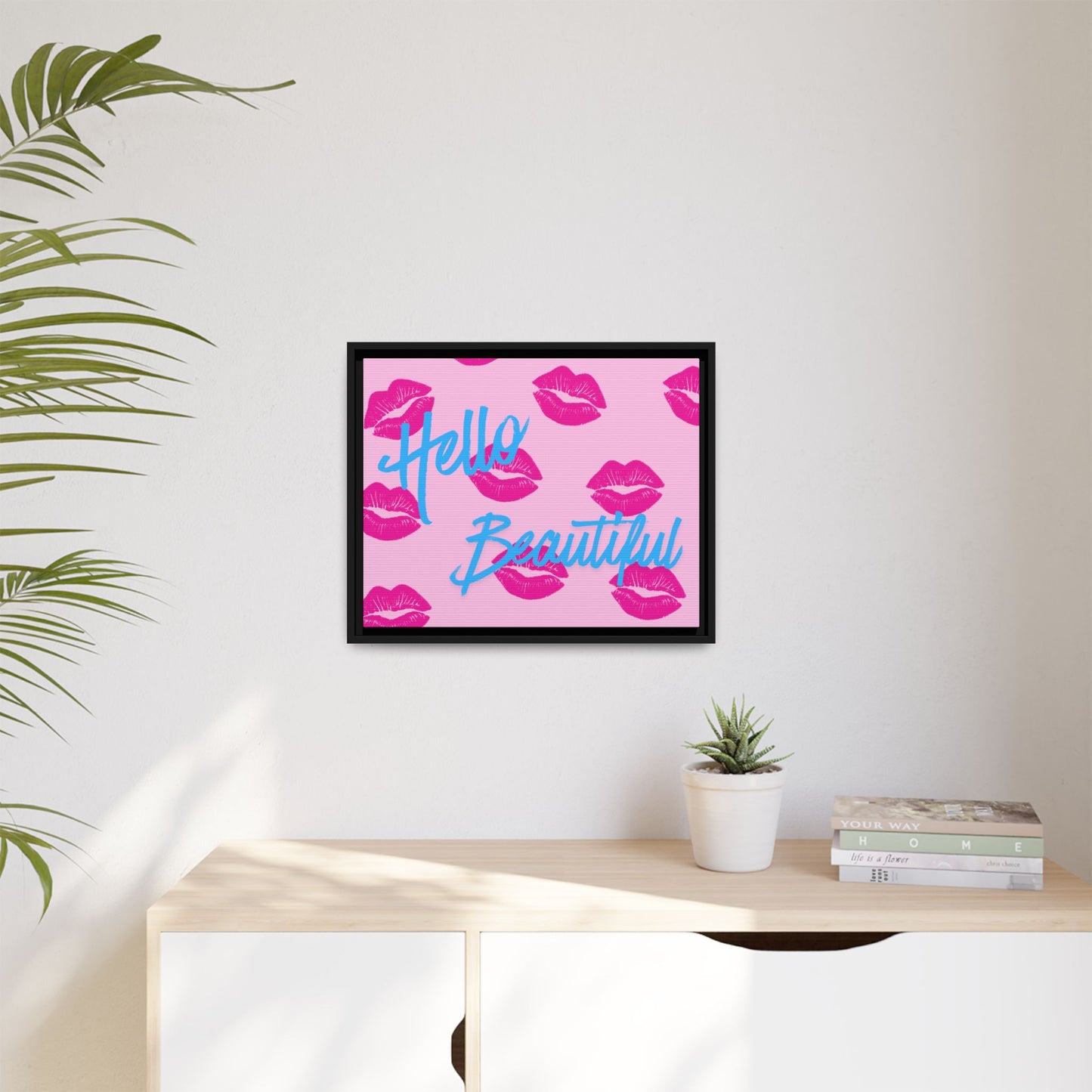 Hello Beautiful Framed Canvas Print — Pink Lipstick Pop Art Wall Decor