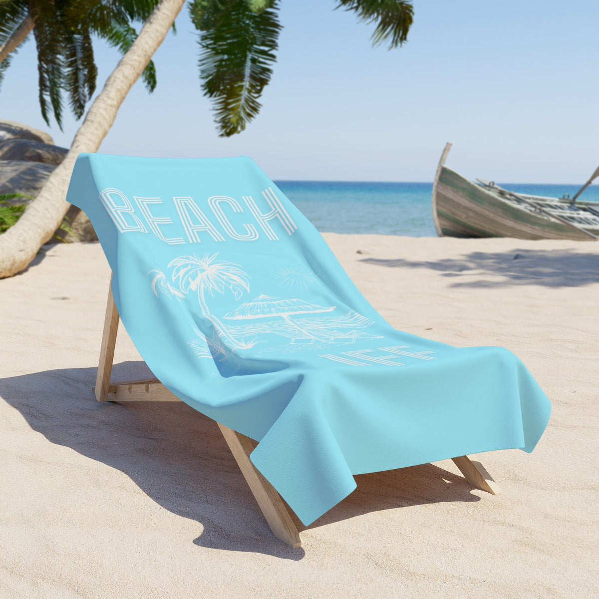 Beach Towel — "Beach Life" Sky Blue Palm & Surf Graphic