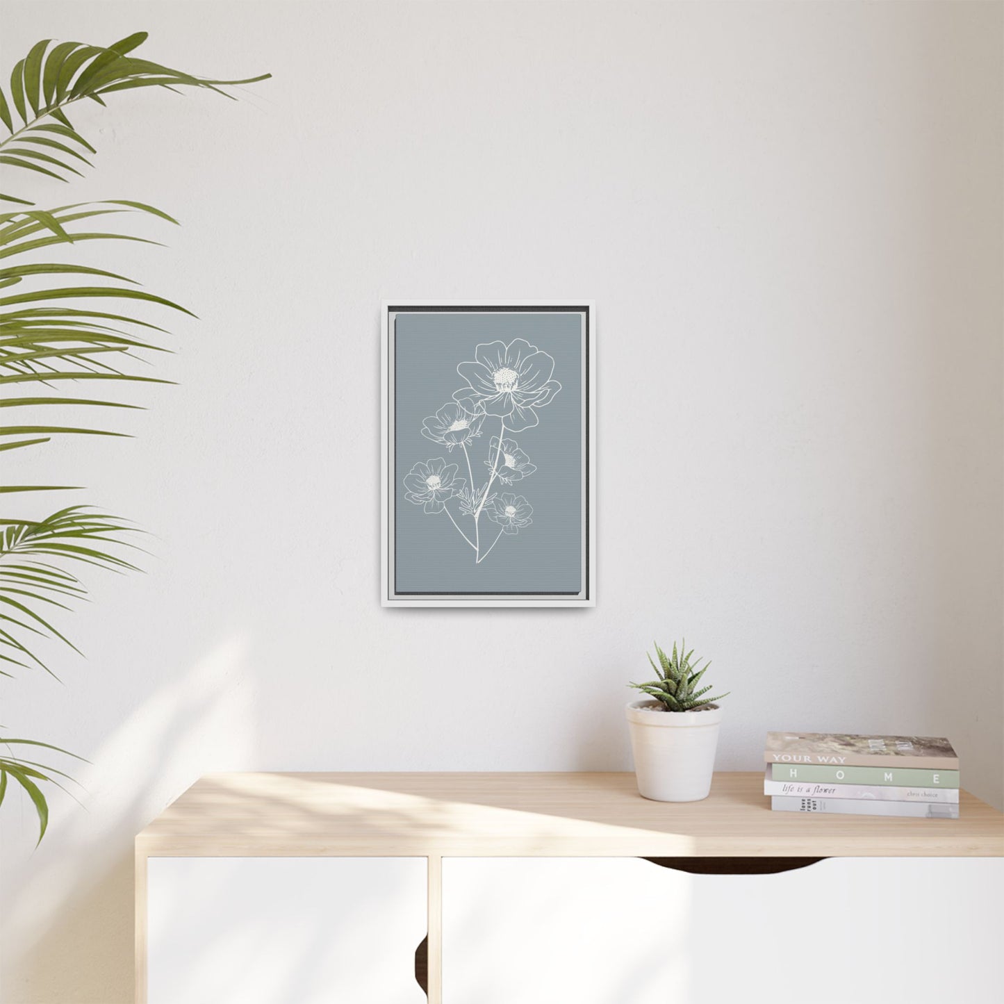 Framed Floral Line Art Matte Canvas Print Gray Azure - Vertical layout