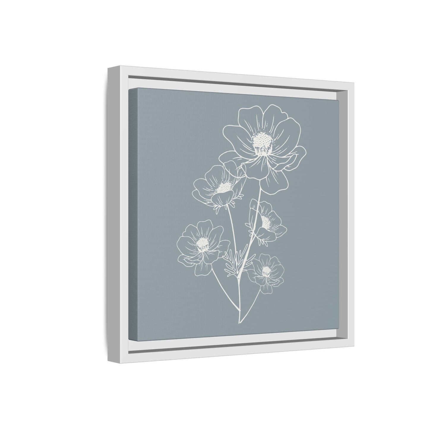 Framed Floral Line Art Matte Canvas Print Gray Azure - Vertical layout