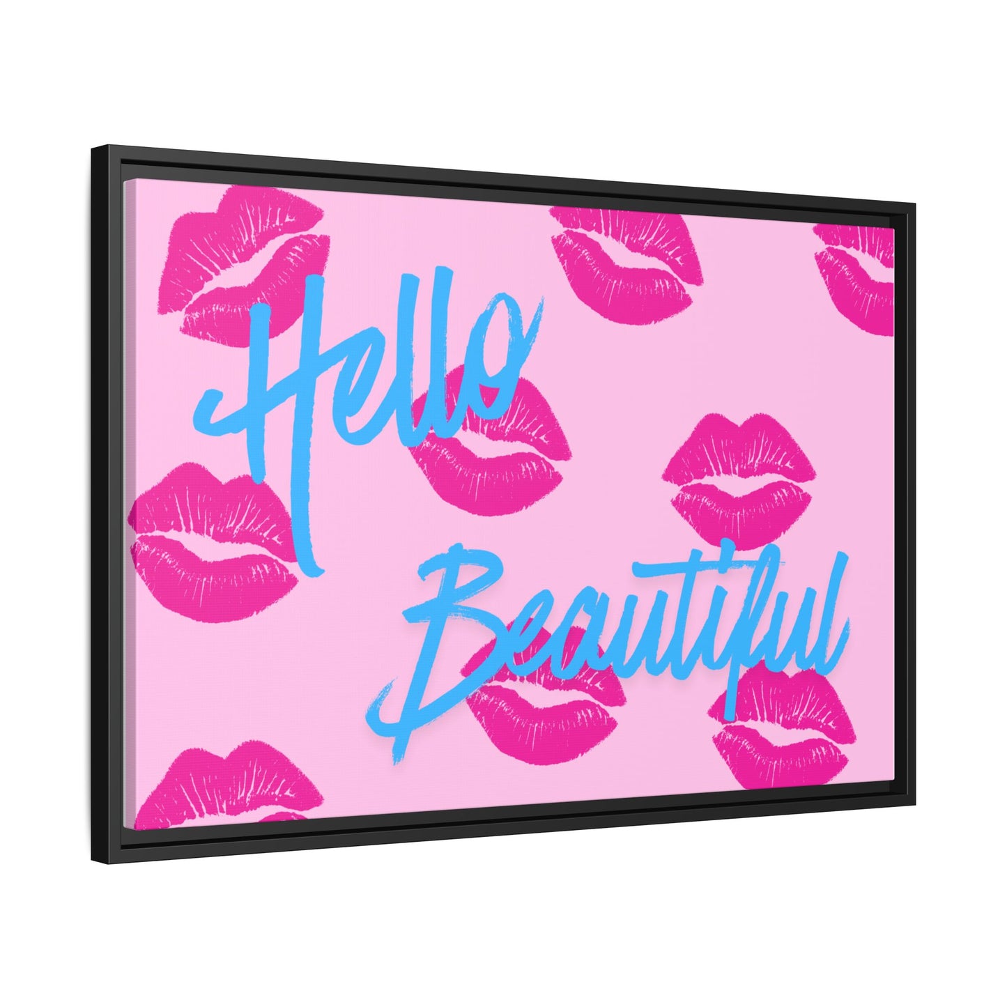 Hello Beautiful Framed Canvas Print — Pink Lipstick Pop Art Wall Decor