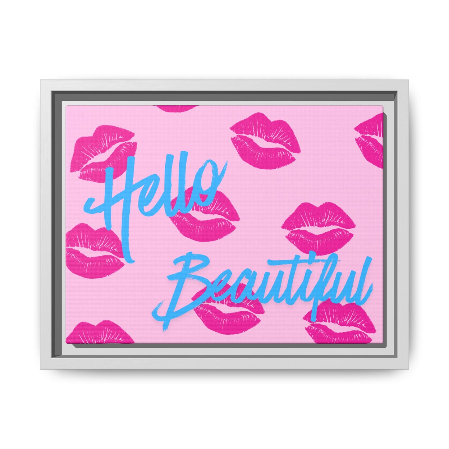 Hello Beautiful Framed Canvas Print — Pink Lipstick Pop Art Wall Decor