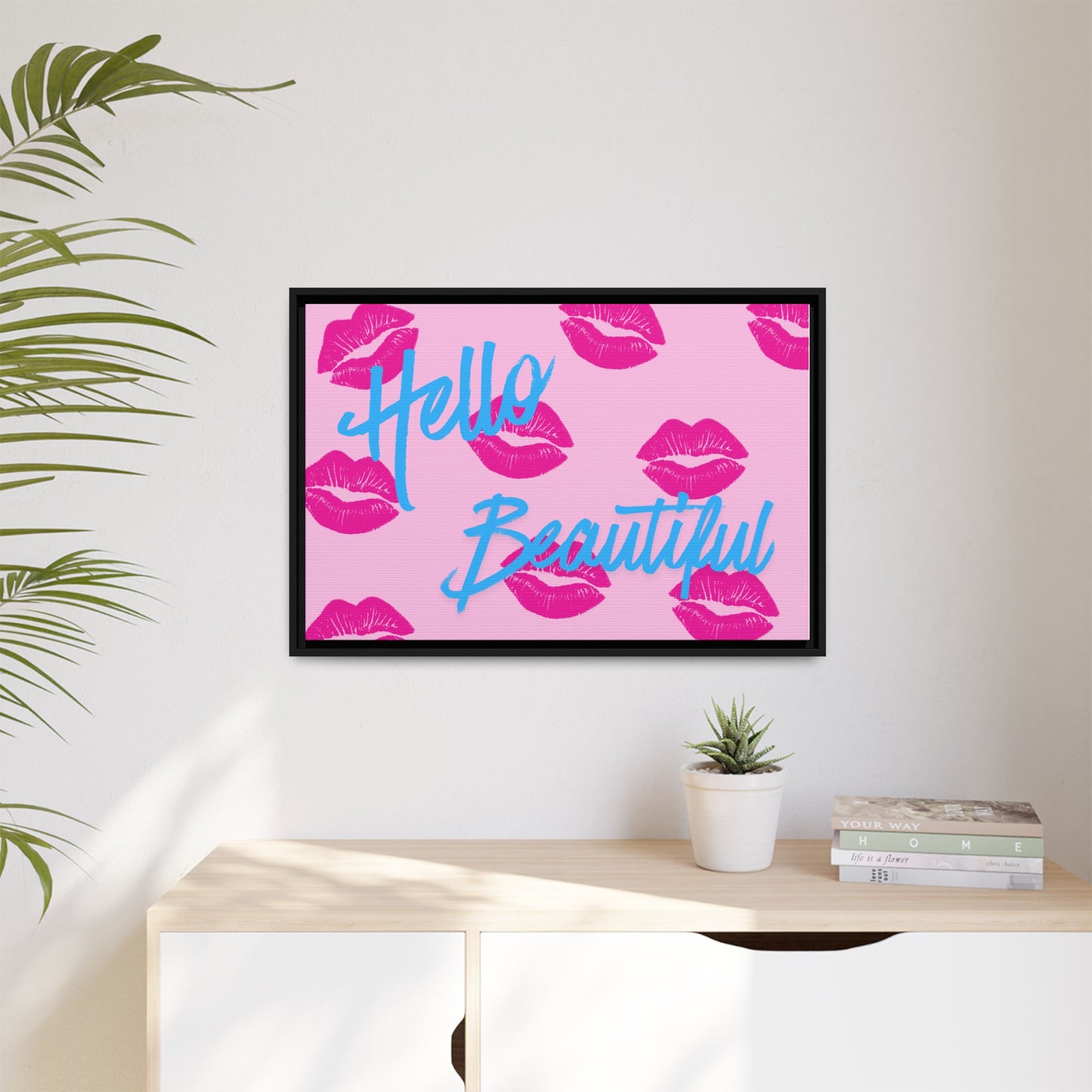 Hello Beautiful Framed Canvas Print — Pink Lipstick Pop Art Wall Decor