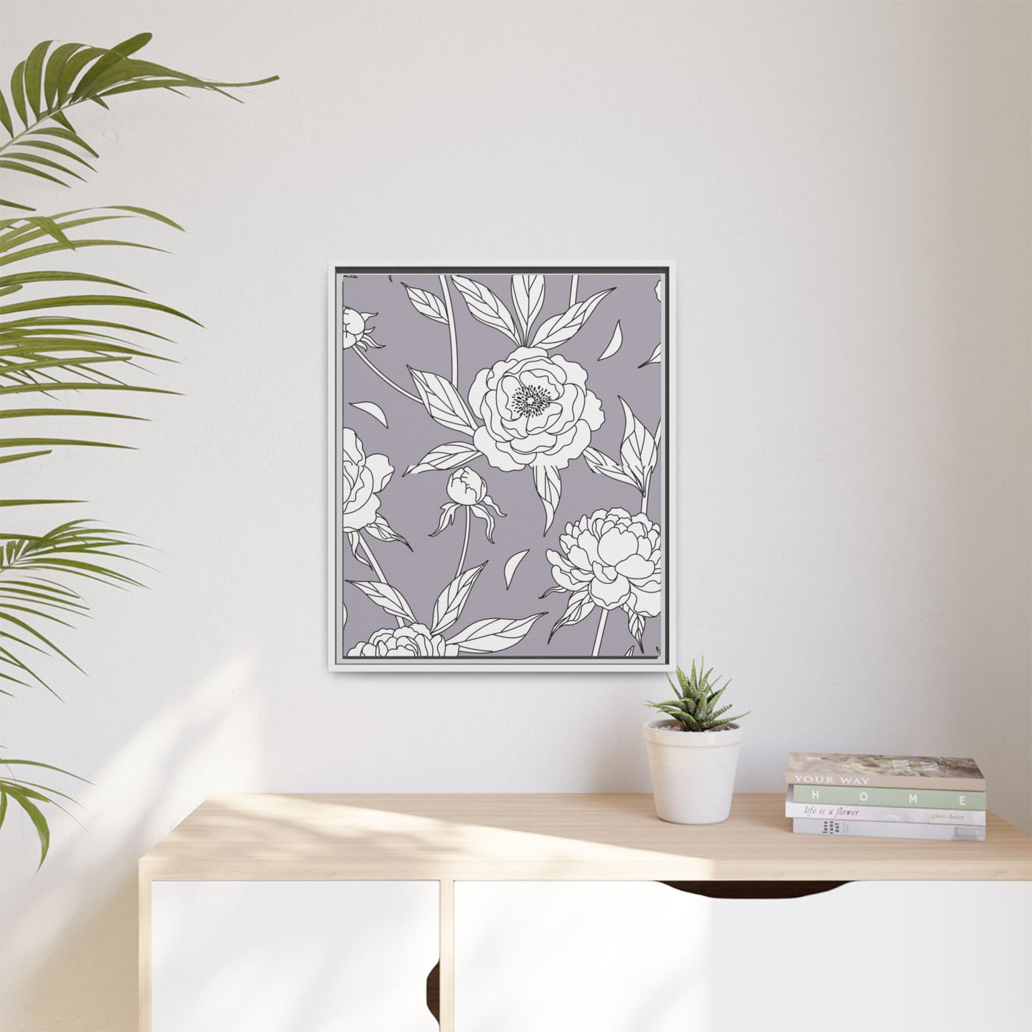 Floral Matte Canvas, White Wooden Framed, Bathroom Decor, Matching Shower Curtain Available, purplegray