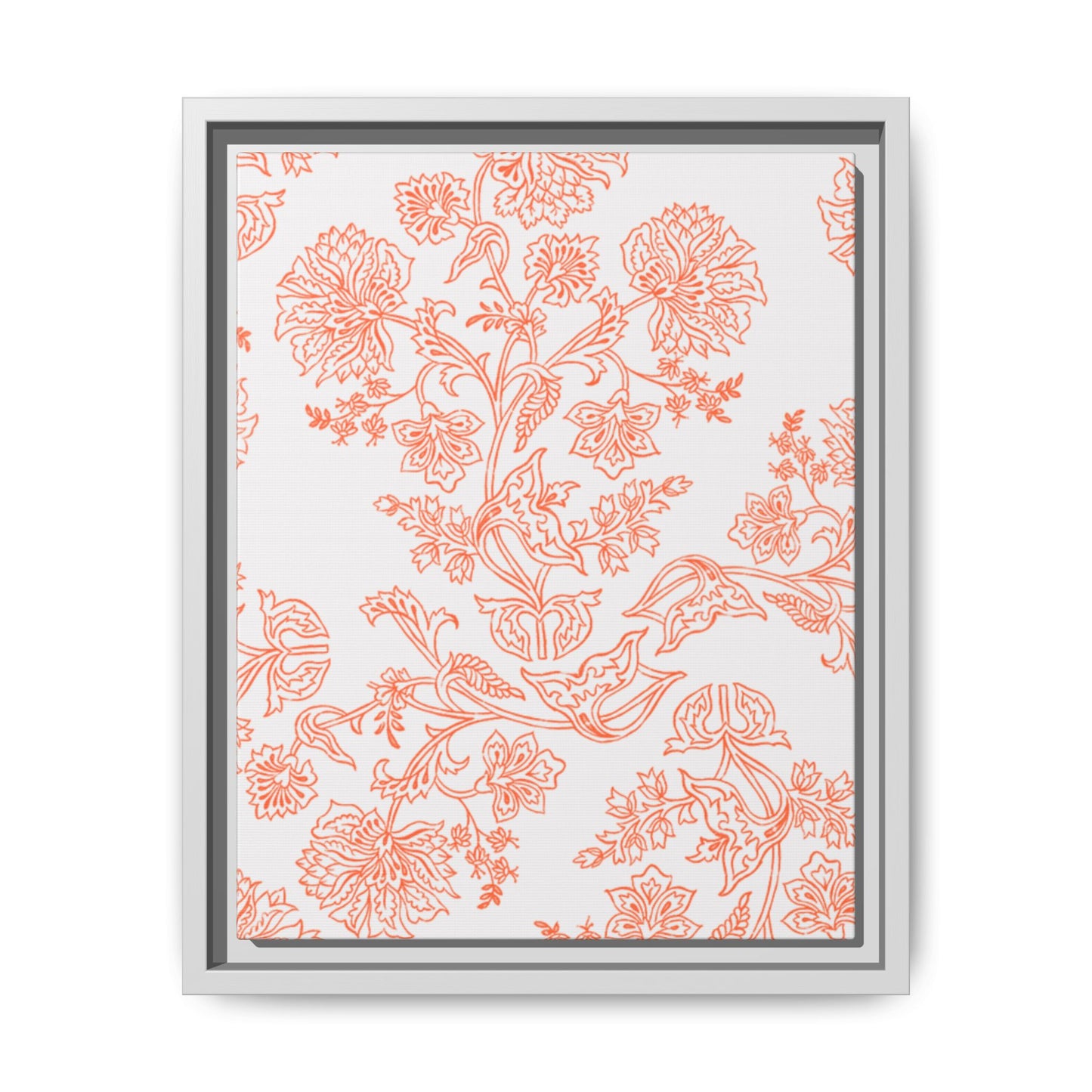Orange Floral Matte Canvas, White Wooden Framed, Bathroom Decor, Matching Shower Curtain Available, Coral/orange