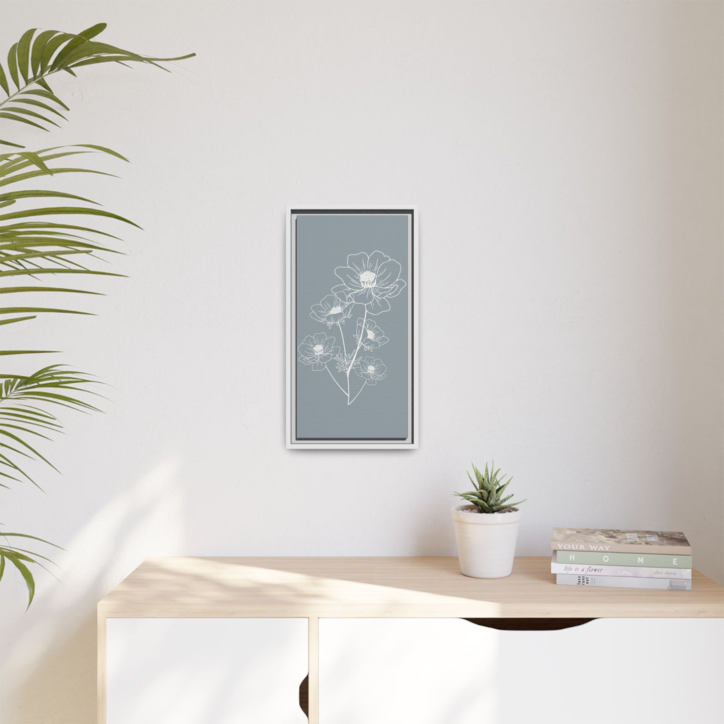 Framed Floral Line Art Matte Canvas Print Gray Azure - Vertical layout