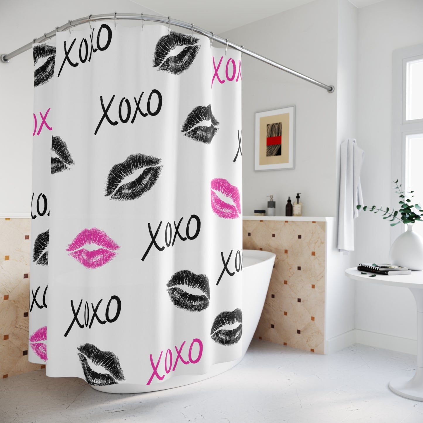 XOXO Lips Shower Curtain — Black & Hot Pink Teen Bathroom Decor (71x74)