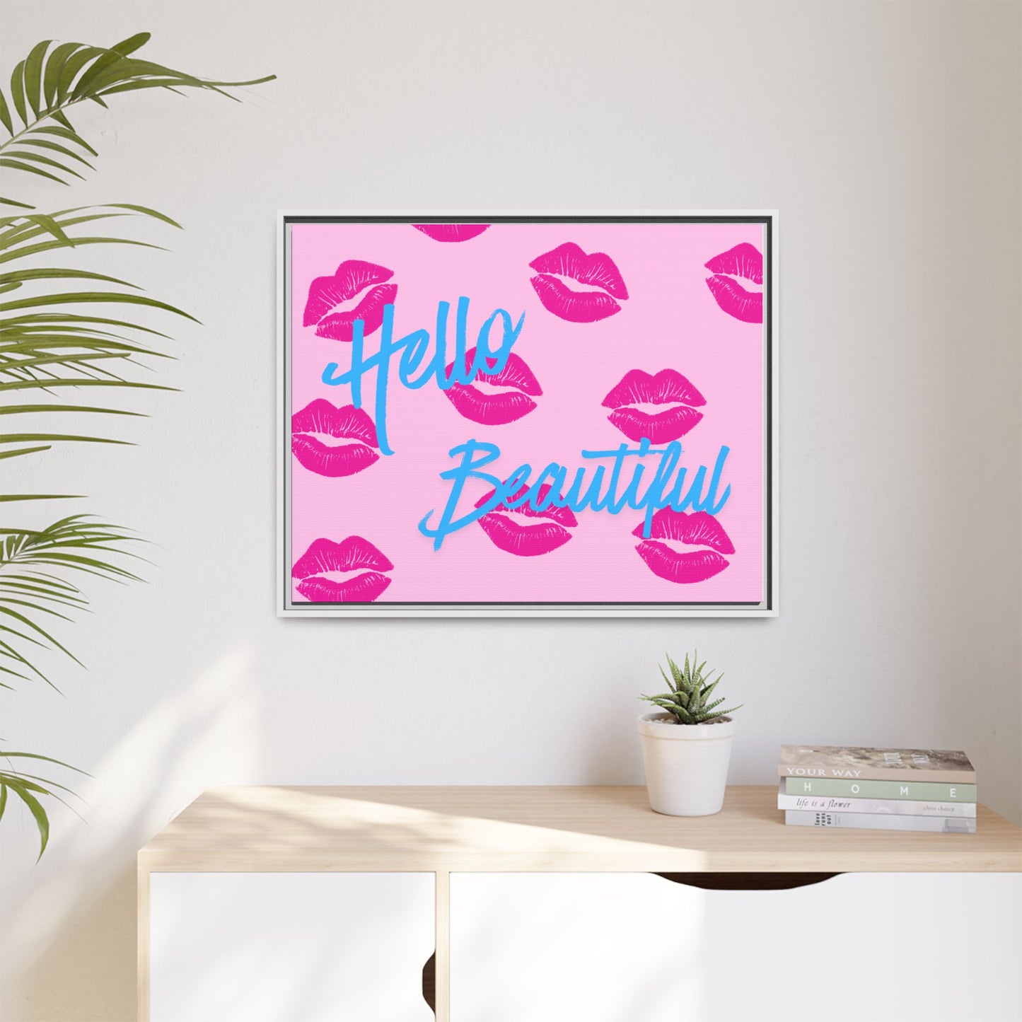 Hello Beautiful Framed Canvas Print — Pink Lipstick Pop Art Wall Decor