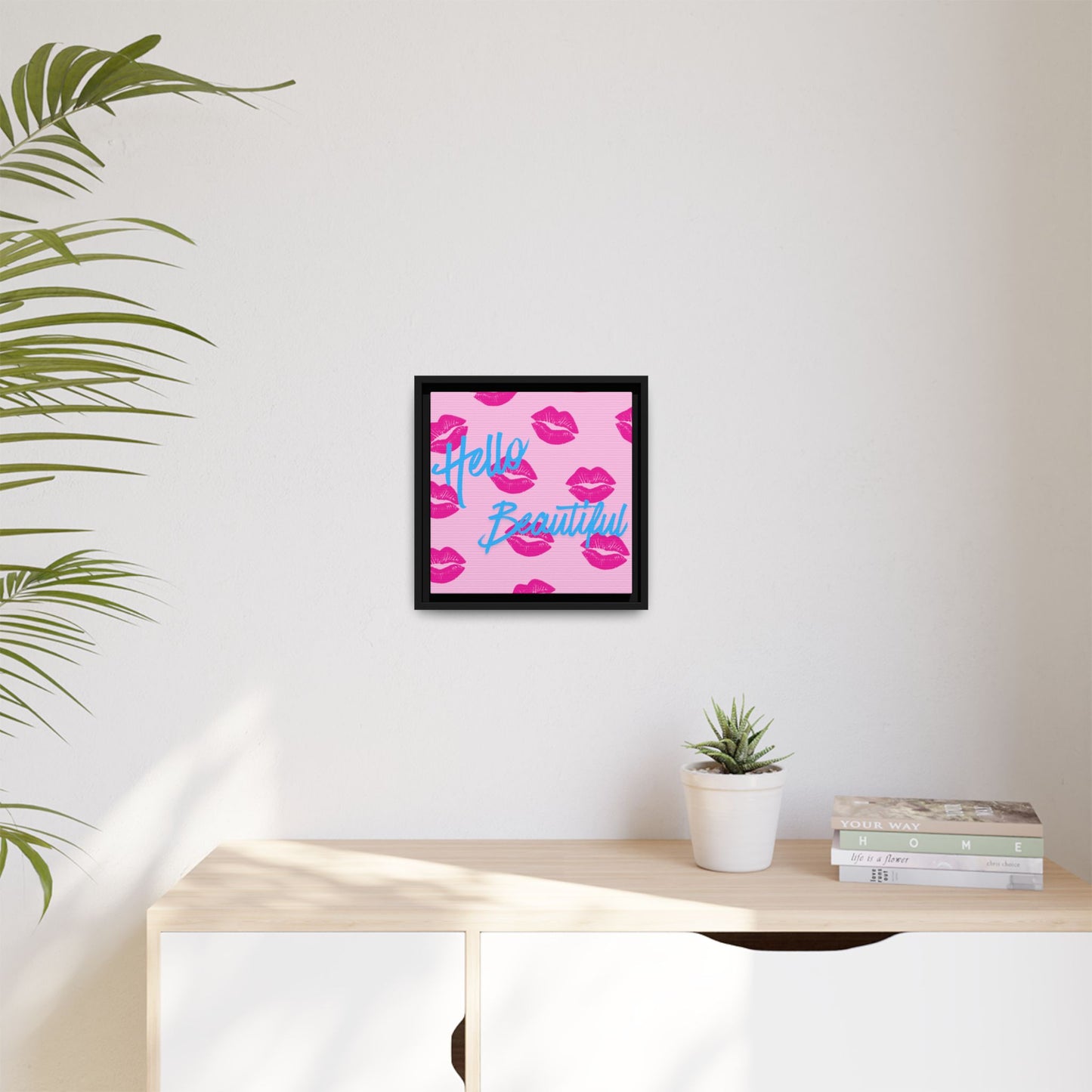 Hello Beautiful Framed Canvas Print — Pink Lipstick Pop Art Wall Decor