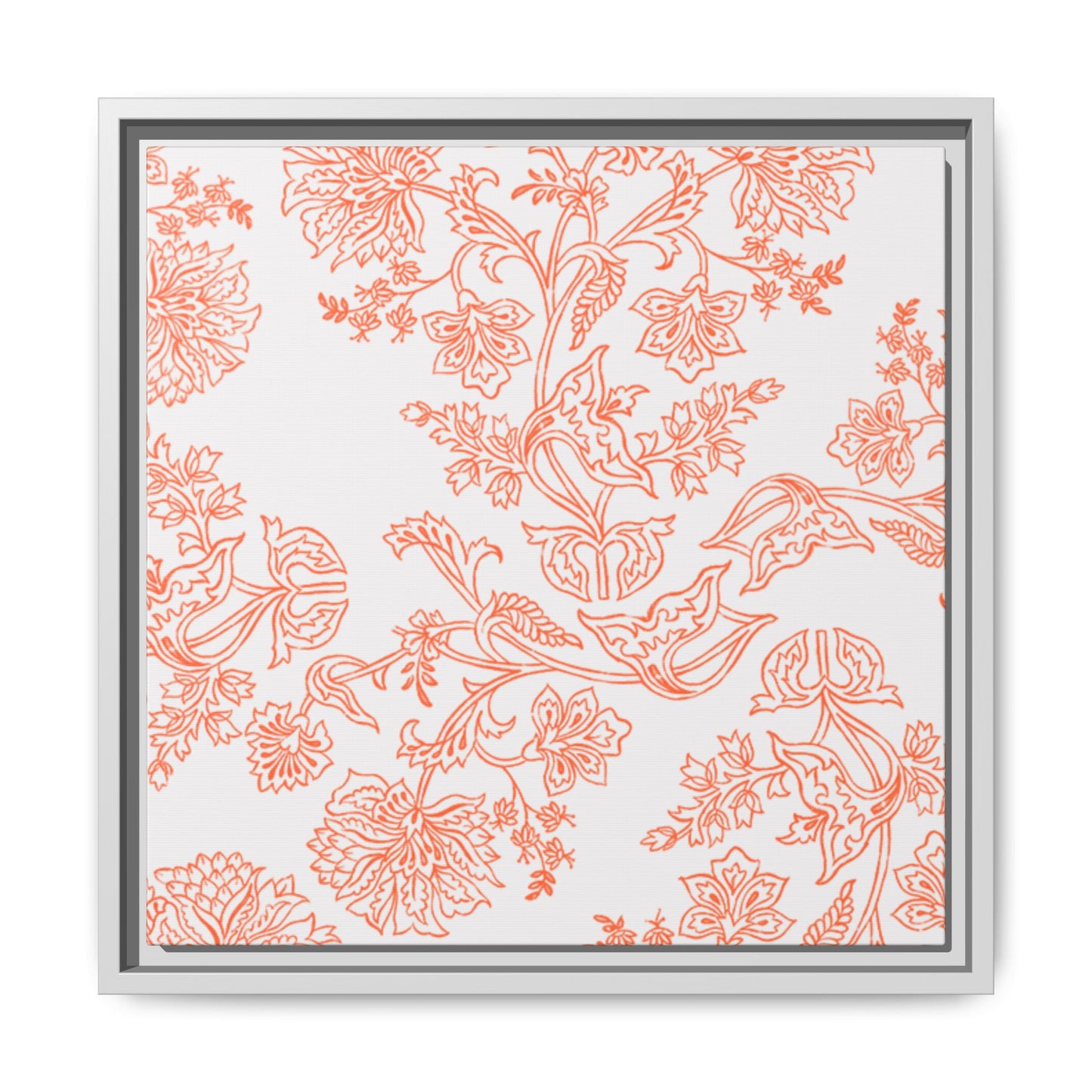 Orange Floral Matte Canvas, White Wooden Framed, Bathroom Decor, Matching Shower Curtain Available, Coral/orange