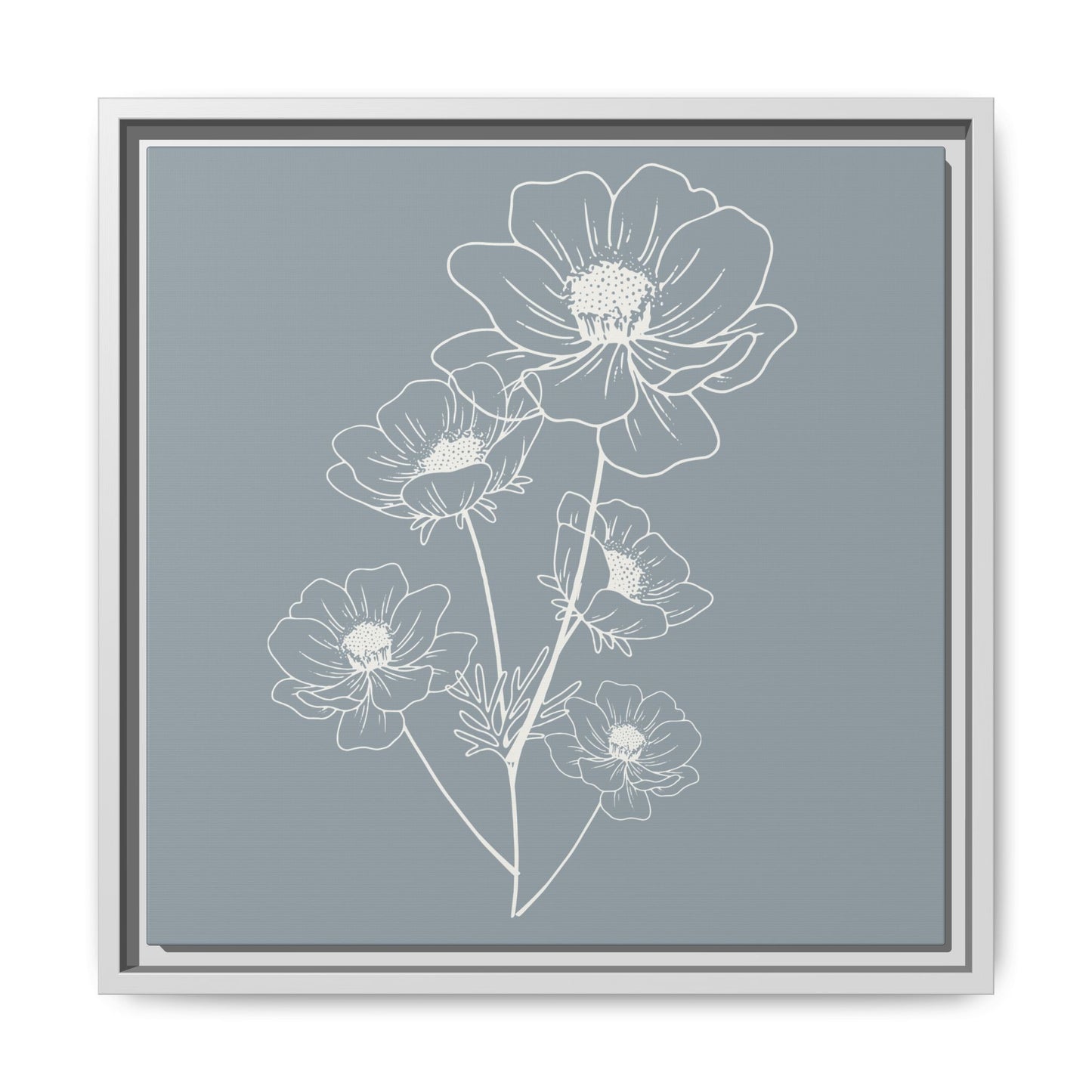 Framed Floral Line Art Matte Canvas Print Gray Azure - Vertical layout
