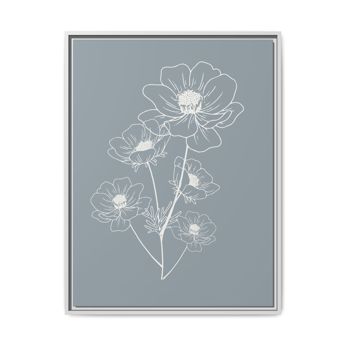 Framed Floral Line Art Matte Canvas Print Gray Azure - Vertical layout