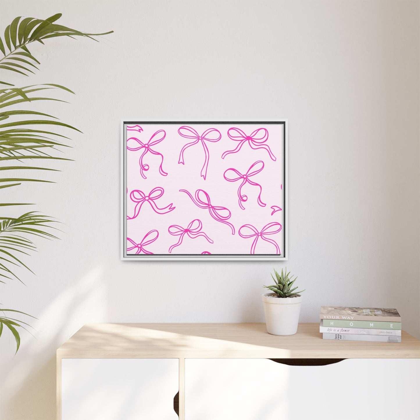 Framed Pink Bow Pattern Matte Canvas — Bathroom/Bedroom Wall Art