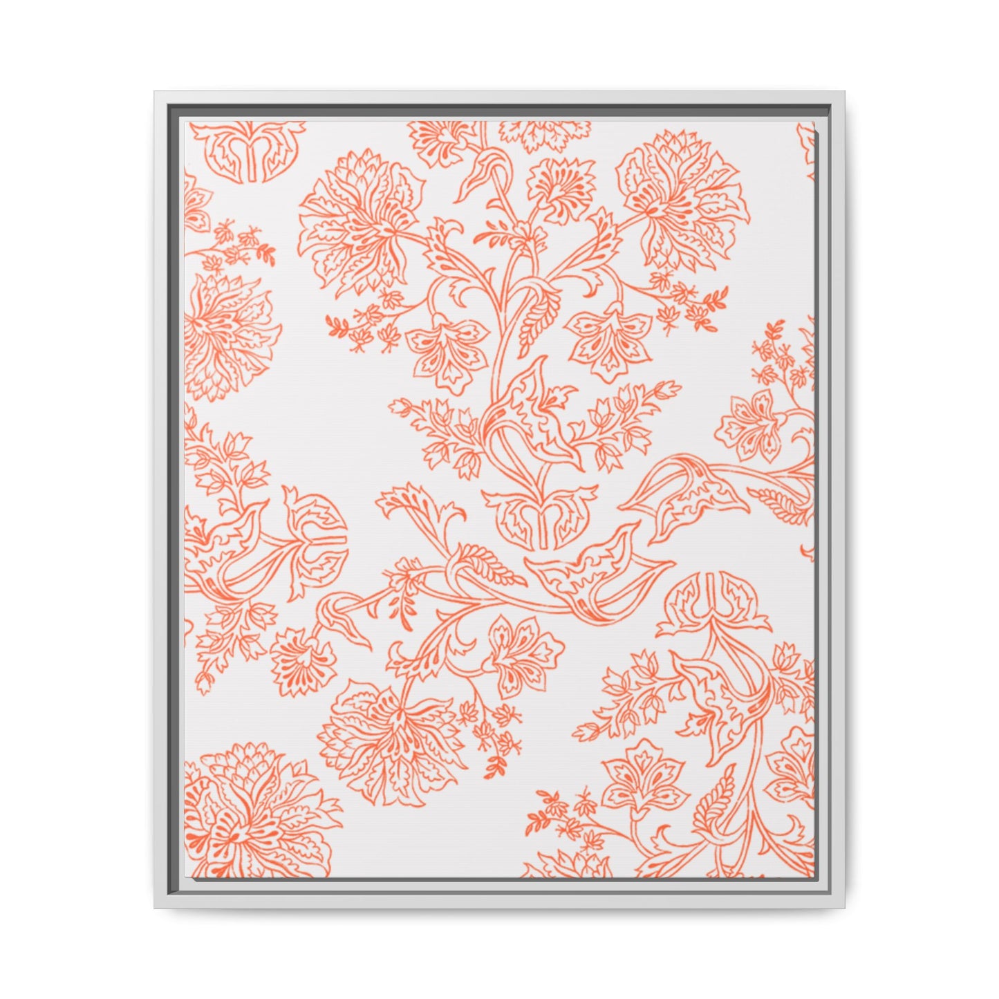 Orange Floral Matte Canvas, White Wooden Framed, Bathroom Decor, Matching Shower Curtain Available, Coral/orange