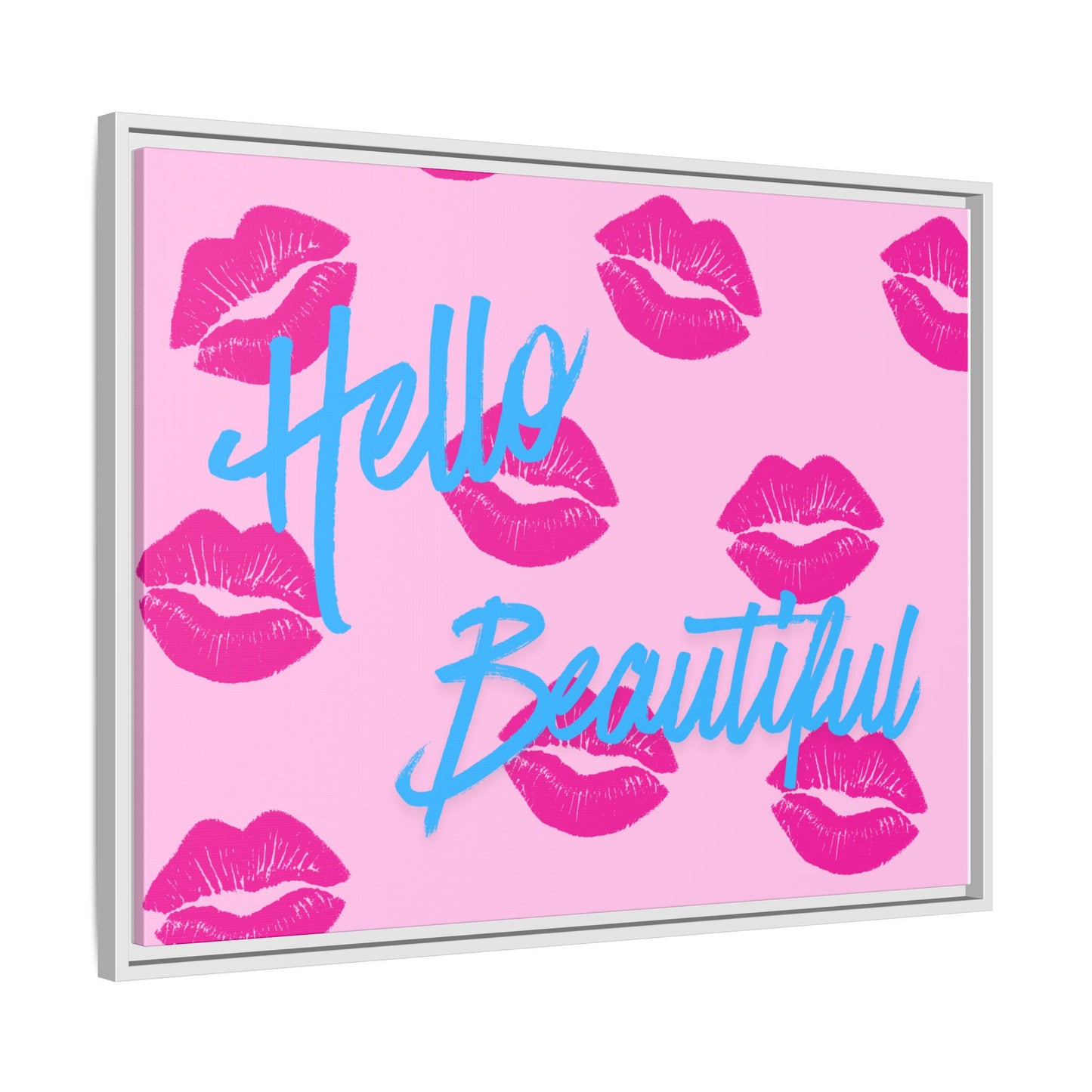 Hello Beautiful Framed Canvas Print — Pink Lipstick Pop Art Wall Decor