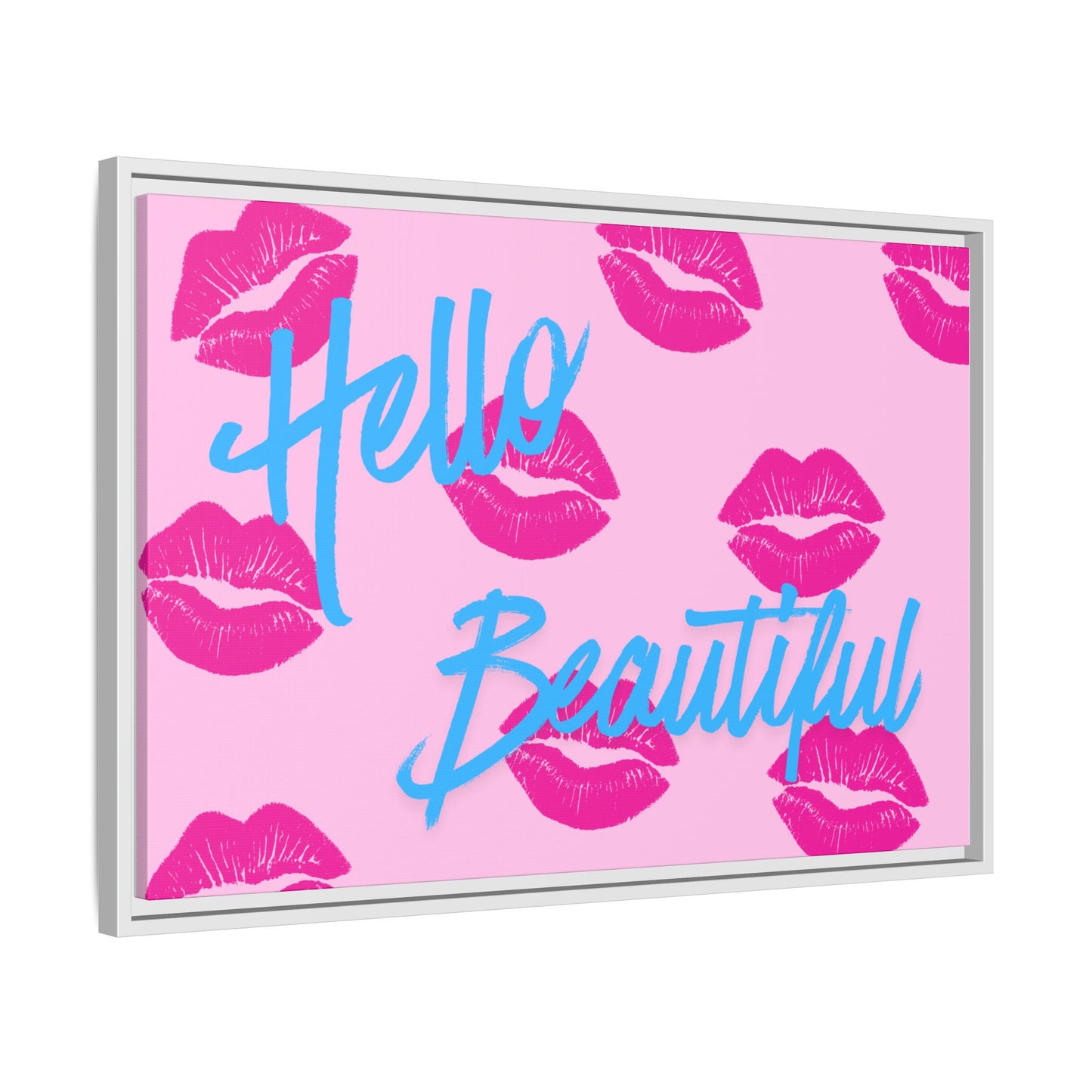 Hello Beautiful Framed Canvas Print — Pink Lipstick Pop Art Wall Decor