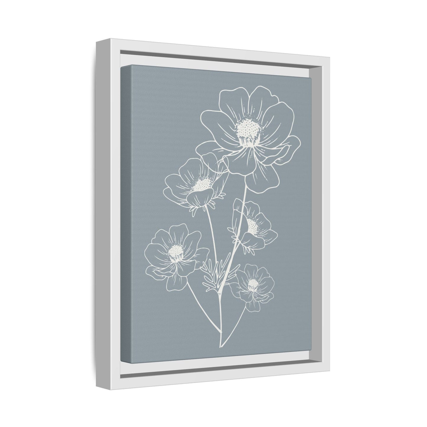 Framed Floral Line Art Matte Canvas Print Gray Azure - Vertical layout