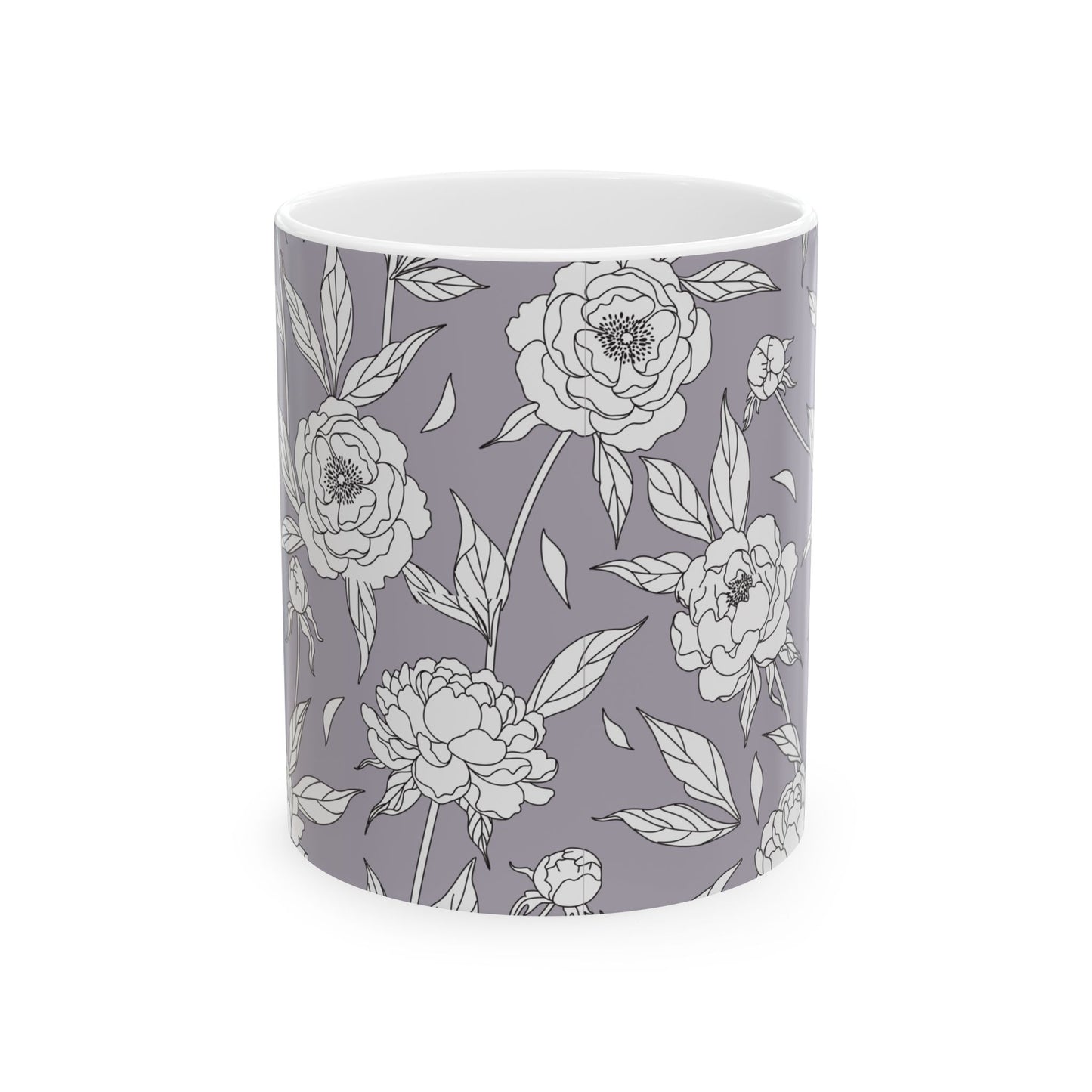 White Peony Lavender Gray Floral Pattern Mug | Ceramic Coffee Tea Mug 11oz 15oz